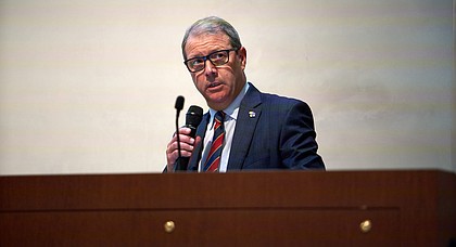 University of Kansas Chancellor Douglas Girod speaks during a KU forum about budget cuts at Eaton Hall in this Monday, Aug. 27, 2018, file photo.