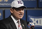 Newly hired University of Kansas football coach Les Miles speaks to the media Sunday, Nov. 18, 2018, at Hadl Auditorium.
