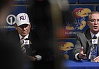 Kansas Athletics Director Jeff Long, right, answers a question at a press conference introducing new football coach Les Miles, left, on Sunday, Nov. 18, 2018, at Hadl Auditorium.