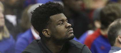 Injured center Udoka Azubuike  watches from the bench during the second half on Saturday, Dec. 8, 2018 at Sprint Center.