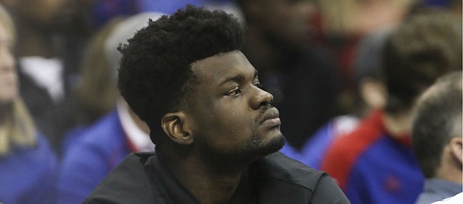 Injured center Udoka Azubuike  watches from the bench during the second half on Saturday, Dec. 8, 2018 at Sprint Center.