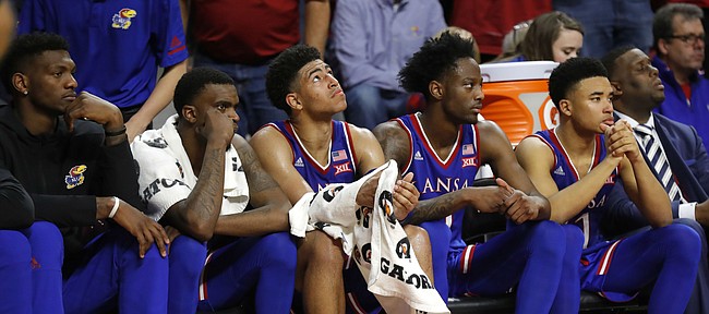 Kansas players watch from the bench during the second half of an NCAA college basketball game against Iowa State, Saturday, Jan. 5, 2019, in Ames, Iowa. 