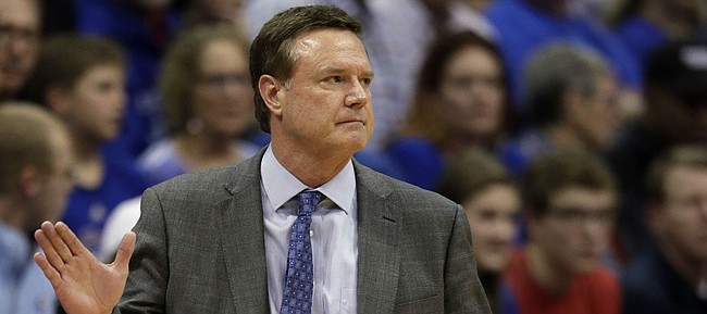 Kansas head coach Bill Self during the second half of an NCAA college basketball game against Texas Tech in Lawrence, Kan., Saturday, Feb. 2, 2019. Kansas defeated Texas Tech 79-63. (AP Photo/Orlin Wagner)