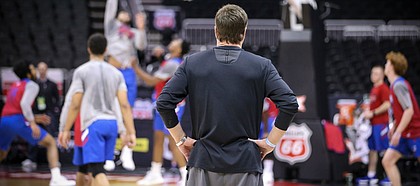 Kansas head coach Bill Self watches over practice on Wednesday, March 13, 2019 at Sprint Center.