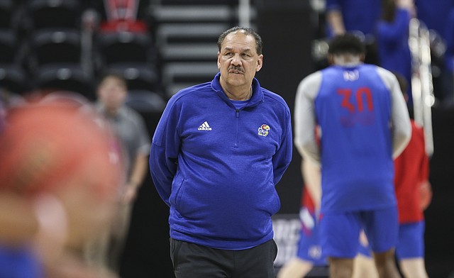 Kansas assistant coach Kurtis Townsend walks around the court during a shoot around on Wednesday, March 20, 2019 at Vivint Smart Home Arena in Salt Lake City, Utah. Teams practiced and gave interviews to media members before Thursday's opening round games.