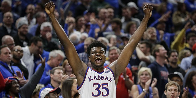 Kansas center Udoka Azubuike (35) reacts to Michigan State committing a foul late in the second half of an NCAA college basketball game at the Champions Classic on Tuesday, Nov. 6, 2018, in Indianapolis. Kansas won, 92-87.