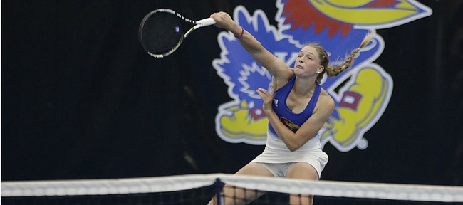 Kansas No. 5 single’s player Nina Khmelnitckaia hits this return to claim a 6-3, 6-4 win on Court 5 for KU, and an overall 4-0 win over Denver in the first round of the NCAA Tournament on Friday, May 3, 2019, at Jayhawk Tennis Center at Rock Chalk Park. The Jayhawks advanced to play Florida in Round 2.
