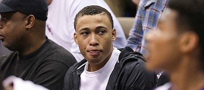 Now a Class of 2019 recruit, Kansas target RJ Hampton watches a KU game from behind the Jayhawks' bench on Saturday, March 9, 2019 at Allen Fieldhouse.