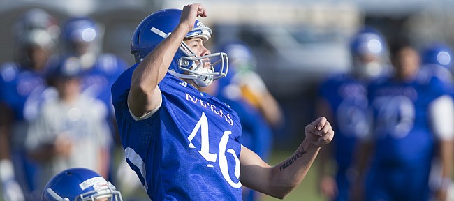 Kansas kicker Liam Jones watches one of his kicks during practice with the special teams unit on Friday, Aug. 11, 2017 at the practice fields west of Hoglund Ballpark.