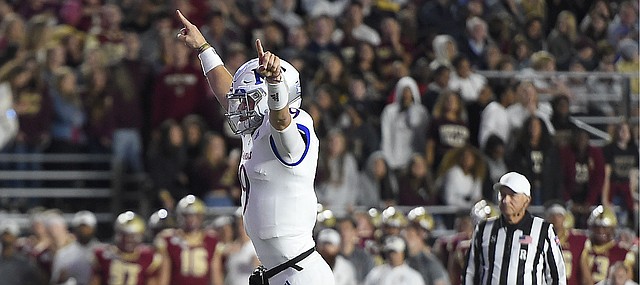 (Boston, MA, 09/13/19) Kansas Jayhawks quarterback Carter Stanley (9) celebrates a touchdown against the Boston College Eagles during the first half of an NCAA football game at Boston College in Boston, Mass., on Friday, September 13, 2019.