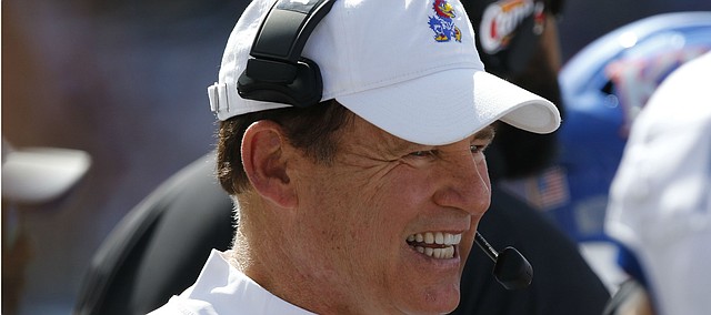 Kansas head coach Les Miles on the sidelines early in the game as the Kansas Jayhawks play the TCU Horned Frogs at Amon Carter Stadium in Fort Worth, Texas Saturday, Sept. 28, 2019. TCU won 51-14.  (David Kent/Star-Telegram via AP)