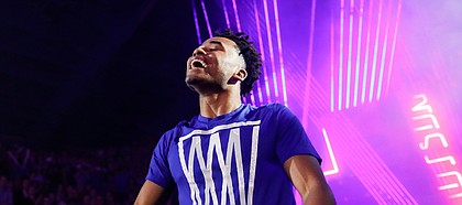 Devon Dotson is introduced during Late Night in the Phog on Friday, Oct. 4, 2019 at Allen Fieldhouse.