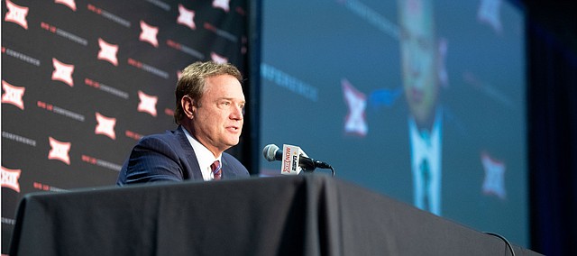Kansas head coach Bill Self takes questions during Big 12 Media Day on Wednesday, Oct. 23, 2019 at Sprint Center in Kansas City.