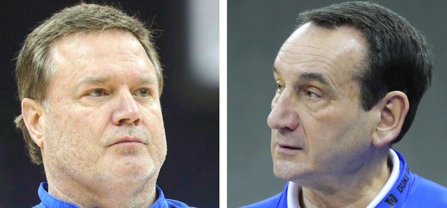 Kansas coach Bill Self, left, and Duke coach Mike Krzyzewski, right, will square off in their seventh head-to-head matchup on Tuesday night in the Champions Classic in New York City. 