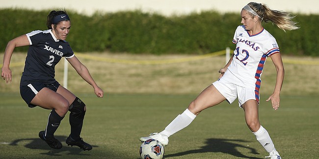 Kansas senior Katie McClure controls the ball in the open field during the Jayhawks' 3-0 victory over Xavier on Friday, Nov. 22, 2019 in Columbia, S.C. McClure scored all three KU goals. 