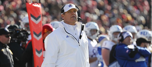 Kansas head coach Les Miles watches from the sidelines during the first half of an NCAA college football game against Iowa State, Saturday, Nov. 23, 2019, in Ames, Iowa. (AP Photo/Matthew Putney)