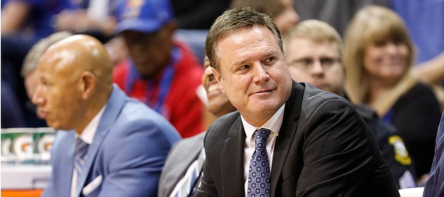 Kansas head coach Bill Self looks down the bench after Kansas center Udoka Azubuike opted to drive up the court with the ball during the second half on Friday, Nov. 15, 2019 at Allen Fieldhouse.