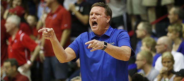 Kansas coach Bill Self reacts to play against Dayton during the first half of an NCAA college basketball game Wednesday, Nov. 27, 2019, in Lahaina, Hawaii. (AP Photo/Marco Garcia)