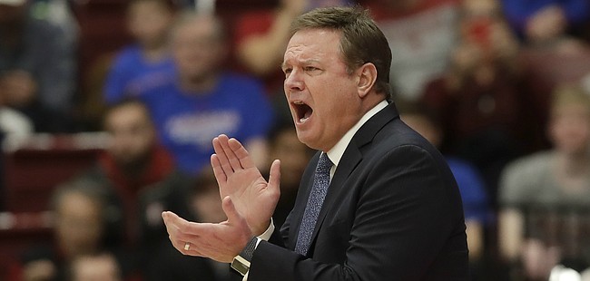 Kansas head coach Bill Self yells during the first half of an NCAA college basketball game against Stanford in Stanford, Calif., Sunday, Dec. 29, 2019. (AP Photo/Jeff Chiu)