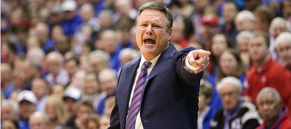 Kansas head coach Bill Self gets the attention of his players late during the second half, Saturday, Jan. 4, 2020 at Allen Fieldhouse.
