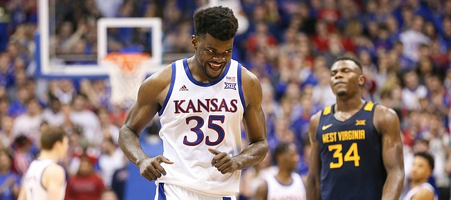 Kansas center Udoka Azubuike (35) flashes a smile as the Jayhawks secure the win over West Virginia, Saturday, Jan. 4, 2020 at Allen Fieldhouse.