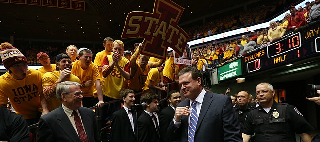 Kansas head coach Bill Self is greeted by the Iowa State students as he takes the court, Monday, Jan. 25, 2016 at Hilton Coliseum in Ames, Iowa.