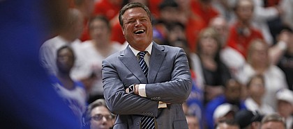  Kansas coach Bill Self laughs on the sidelines during the second half of an NCAA college basketball game against Texas Tech, Saturday, March 7, 2020, in Lubbock, Texas. (AP Photo/Brad Tollefson)