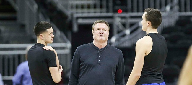 Kansas head coach Bill Self watches over his team's shoot around on Wednesday, March 11, 2020 at Sprint Center. On Wednesday afternoon, the NCAA announced that upcoming basketball tournaments would be played without fans because of concerns about the spread of the coronavirus.