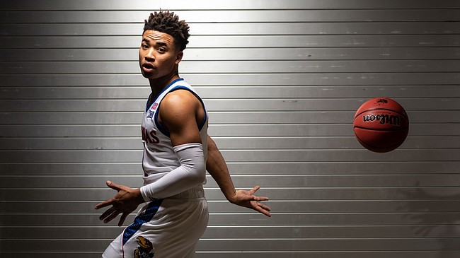 Kansas guard Devon Dotson is pictured during Media Day on Wednesday, Oct. 9, 2019 at Allen Fieldhouse.