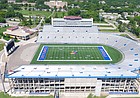 An aerial shot from the east of David Booth Kansas Memorial Stadium in 2017. 