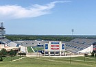 The view of David Booth Kansas Memorial Stadium from the top of Campanile hill in July 2020. 