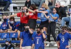 KU fans celebrate a play by the Jayhawks during Saturday's 47-7 loss to Oklahoma State at David Booth Kansas Memorial Stadium on Oct. 3, 2020. 