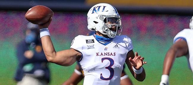 MORGANTOWN, WV - OCTOBER 17: Kansas Jayhawks quarterback Miles Kendrick (3) throws a pass during the first quarter of the college football game between the Kansas Jayhawks and the West Virginia Mountaineers on October 17, 2020, at Mountaineer Field at Milan Puskar Stadium in Morgantown, WV.