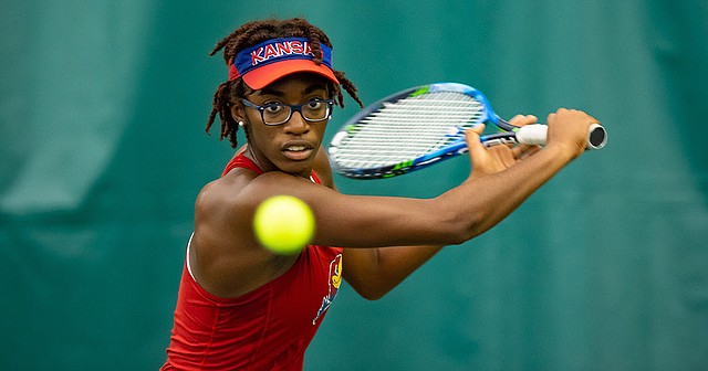 KU junior Malkia Ngounoue competes during the ITA Central Regional Championships in Fayetteville, Ark., on Sunday, Oct. 25, 2020. 