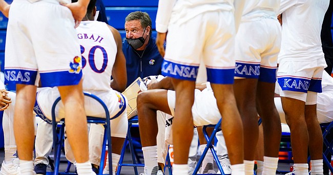 Kansas head coach Bill Self lays into the Jayhawks after a stretch of sloppy play during the first half, Saturday, Jan. 9, 2021 at Allen Fieldhouse.