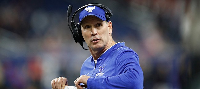 Buffalo head coach Lance Leipold during the second half of the Mid-American Conference championship NCAA college football game against Northern Illinois, Friday, Nov. 30, 2018, in Detroit. (AP Photo/Carlos Osorio)