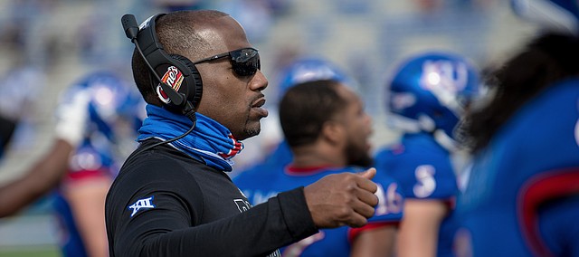 Kansas receivers coach and passing game coordinator Emmett Jones coaches from the sideline in this file photo from the  2020 season. KU named Jones the football team's interim head coach on March 11, 2021.