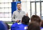 Kansas Athletic Director Travis Goff addresses the football team following a spring practice, on April 8, 2021, Goff's third day on the job at KU.