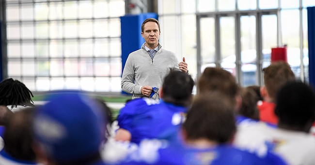 Kansas Athletic Director Travis Goff addresses the football team following a spring practice, on April 8, 2021, Goff's third day on the job at KU.