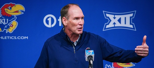 Head Football Coach Lance Leipold talks with media members on Tuesday, May 18, 2021 at the Anderson Family Football Complex.