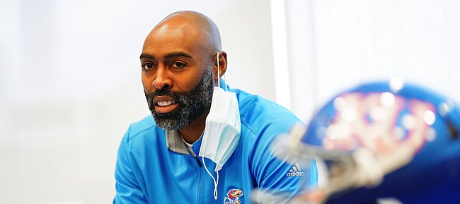 Kansas defensive backs coach Chevis Jackson talks with media members on Tuesday, May 18, 2021 at the Anderson Family Football Complex.