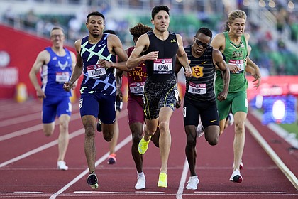 Bryce Hoppel wins the second heat in the semi finals of the men's 900-meter run at the U.S. Olympic Track and Field Trials Saturday, June 19, 2021, in Eugene, Ore.