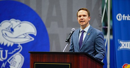 Kansas athletic director Travis Goff addresses media members during an introductory press conference for new head coach Lance Leipold on Monday, May 3, 2021 at the KU football indoor practice facility.