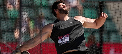 Mason Finley competes during the finals of men's discus throw at the U.S. Olympic Track and Field Trials Friday, June 25, 2021, in Eugene, Ore. (AP Photo/Charlie Riedel)