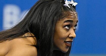 Christina Clemons of the U.S. reacts after winning the 60 meter hurdles at the ISTAF indoor athletics meeting in Berlin, Germany, Friday, Feb. 5, 2021.
