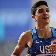 Bryce Hoppel, of the United States smiles after a men's 800 meter semifinal at the World Athletics Championships in Doha, Qatar, Sunday, Sept. 29, 2019.