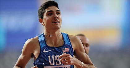 Bryce Hoppel, of the United States smiles after a men's 800 meter semifinal at the World Athletics Championships in Doha, Qatar, Sunday, Sept. 29, 2019.