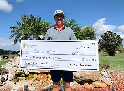 Former University of Kansas golfer Chase Hanna poses with the giant check he won after a victory on the West Florida Golf Tour in March of 2021. The current year has been a breakout year of sorts for the former Jayhawk, who is riding a three-week streak of top-10 finishes on the PGA's European Tour. 