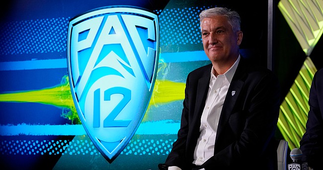 Pac-12 Commissioner George Kliavkoff fields questions during the Pac-12 Conference NCAA college football Media Day Tuesday, July 27, 2021, in Los Angeles. 


