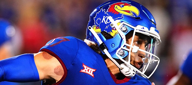 Kansas quarterback Jason Bean (17) takes off up the field on a run against South Dakota during the second quarter on Friday, Sept. 3, 2021 at Memorial Stadium. (Photo by Nick Krug/Special to the Journal-World)